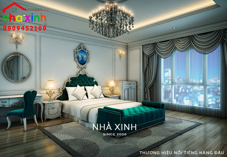 Không gian phòng ngủ được thiết kế nổi bật với tone màu xanh ấn tượng