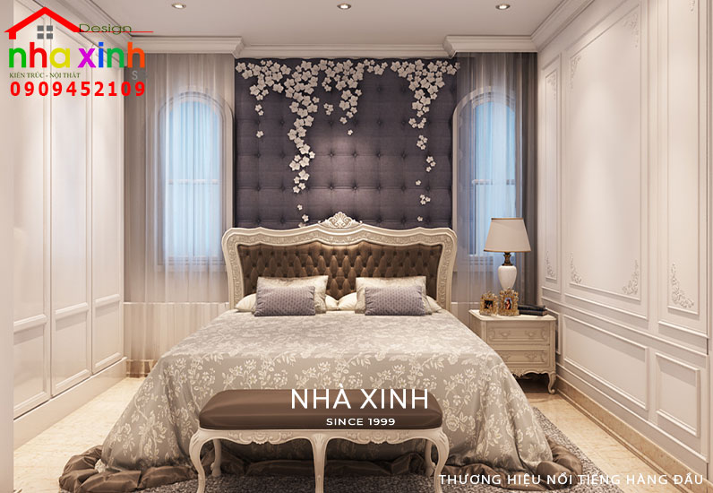 Phòng ngủ được tạo điểm nhấn nổi bật với gam màu tím mộng mơ