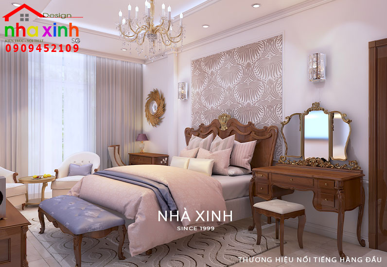 Phòng ngủ master được thiết kế với tone màu trung tính nhẹ nhàng và sang trọng