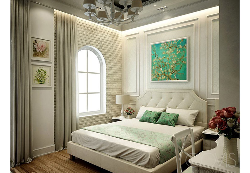 Không gian phòng ngủ được sử dụng với gam màu trung tính nhẹ nhàng và trầm ấm