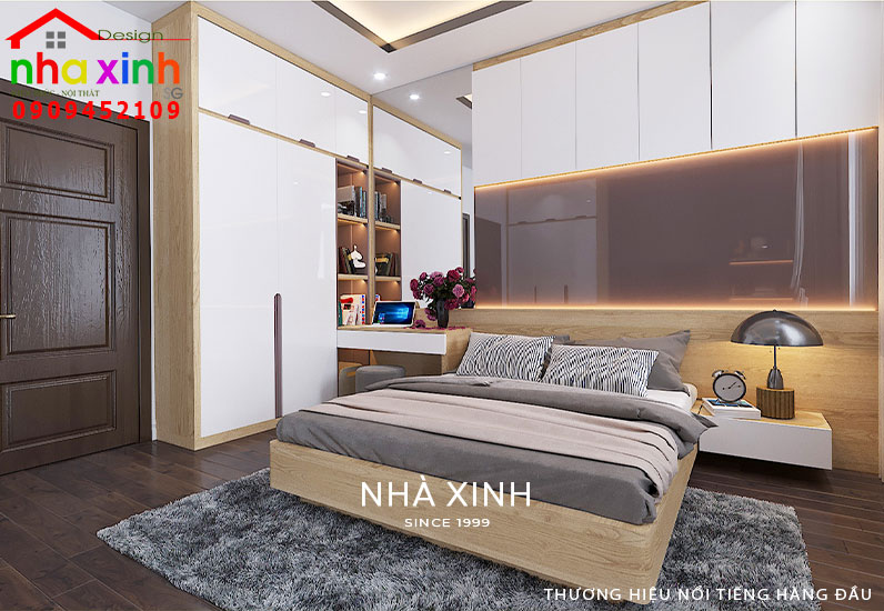 Phòng ngủ được thiết kế tích hợp hệ tủ âm tường giúp tối ưu không gian