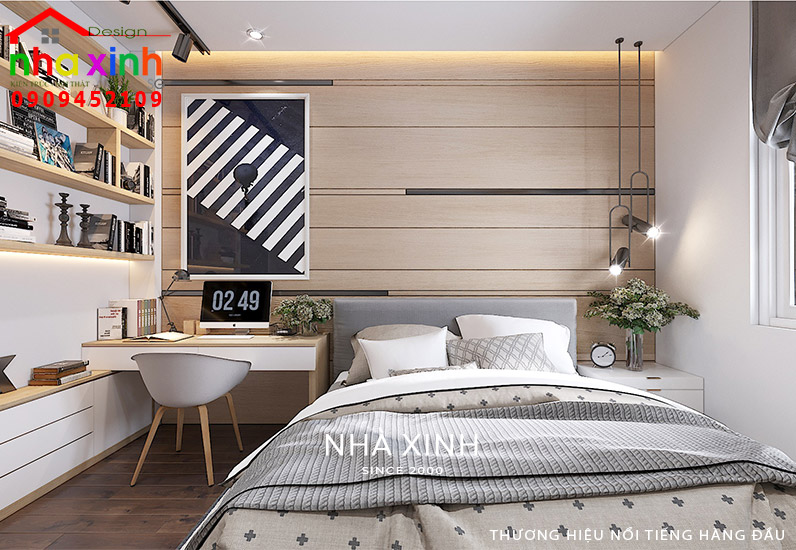 Không gian phòng ngủ được thiết kế với gam màu trung tính hài hòa