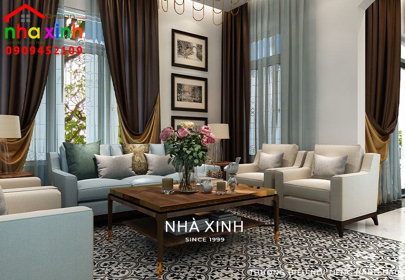 Không gian phòng khách được thiết kế rộng rãi với màu sắc hài hòa