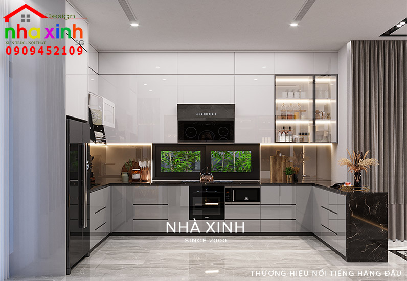 Không gian phòng bếp được thiết kế nổi bật với tone màu xám
