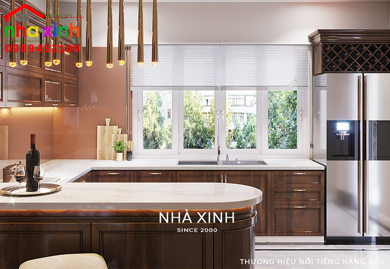 Nội thất phòng bếp được thiết kế hoàn toàn từ gỗ khẳng định đẳng cấp gia chủ