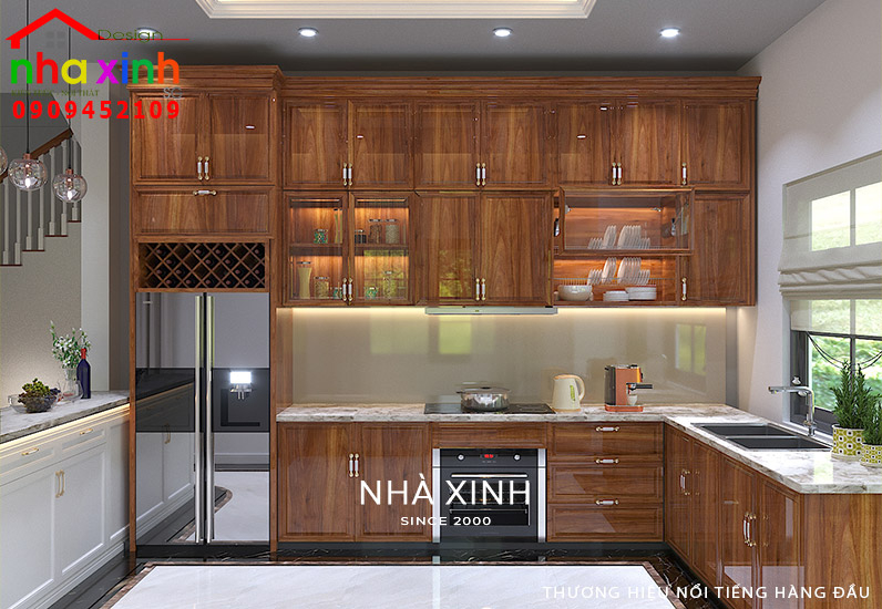 Hệ tủ bếp được thiết kế bằng gỗ mang kiểu dáng cổ điển với vẻ đẹp vượt thời gian