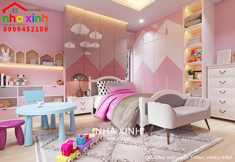 Phòng ngủ con gái nhỏ tông màu hồng