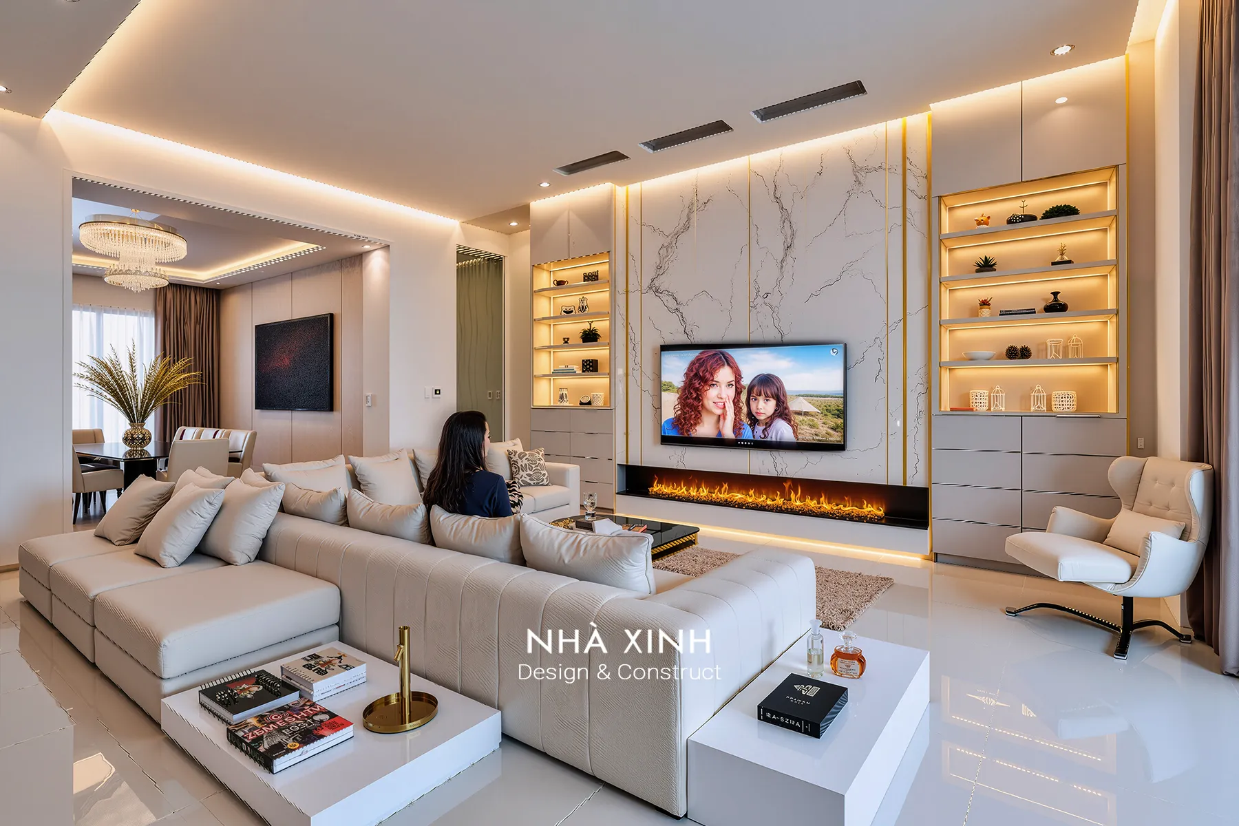 Phòng khách bán cổ điển với sofa nỉ