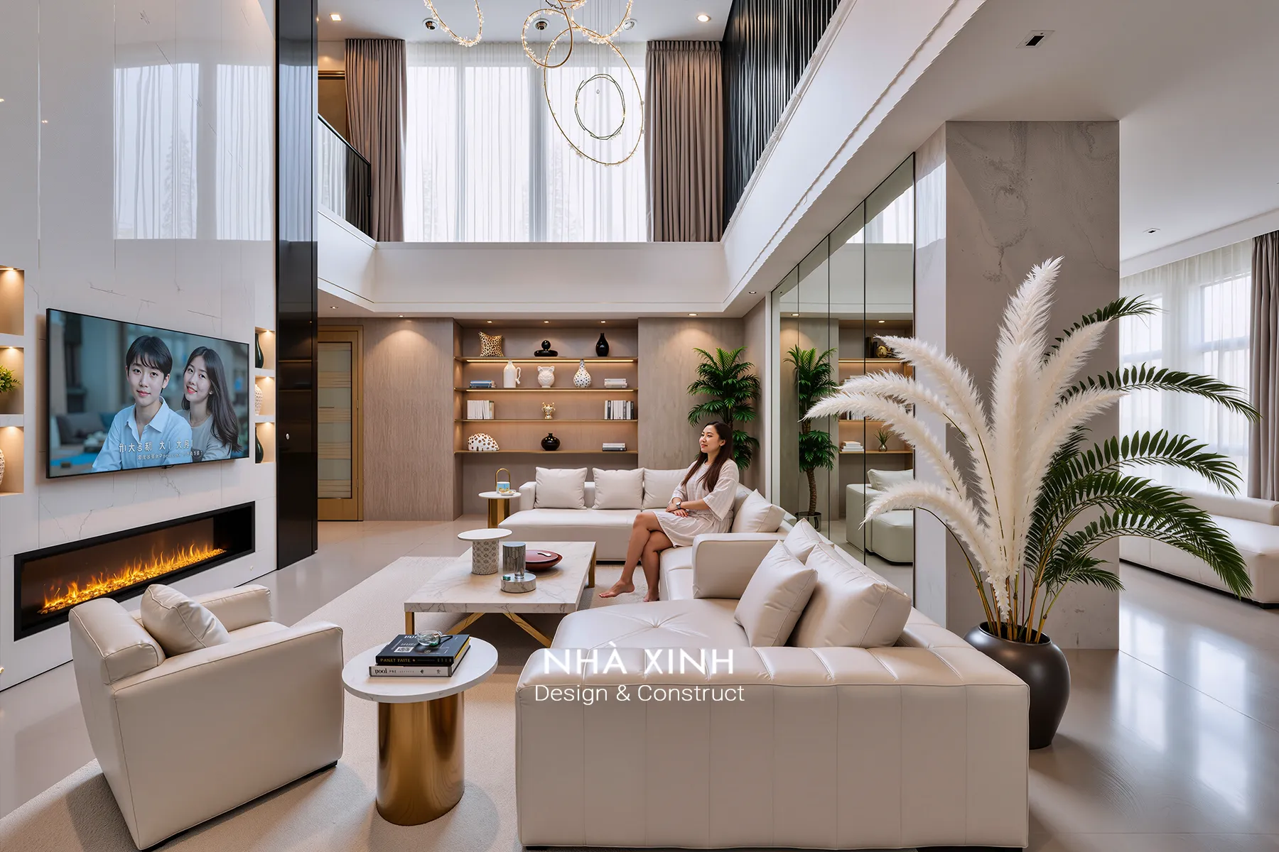 Toàn cảnh phòng khách với sofa chữ L và kệ tivi